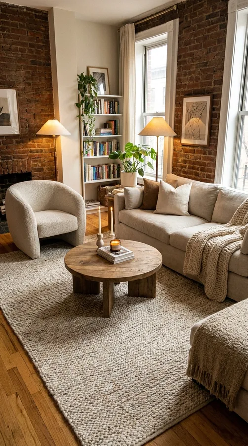 Round mirror reflecting light in a cozy apartment living room