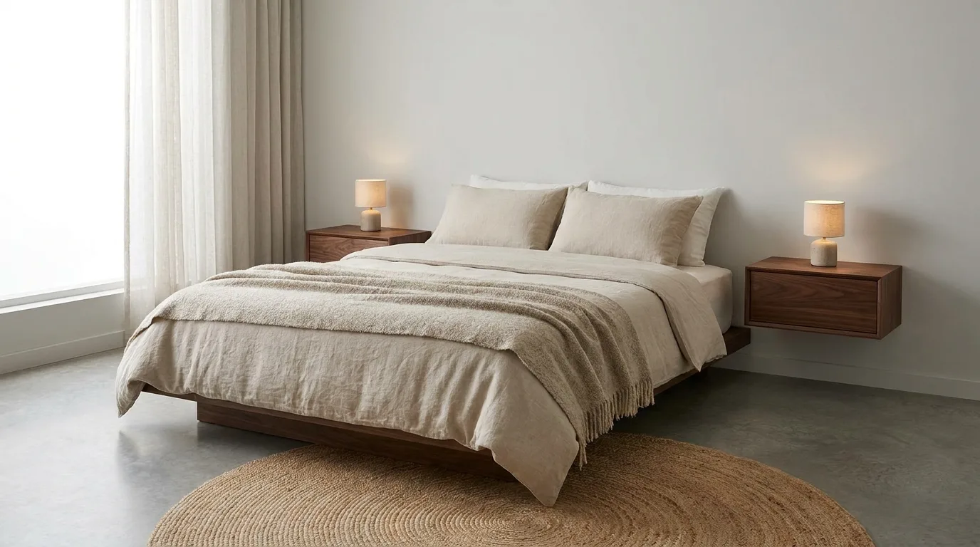 Minimalist bedroom with carefully curated decor and generous negative space
