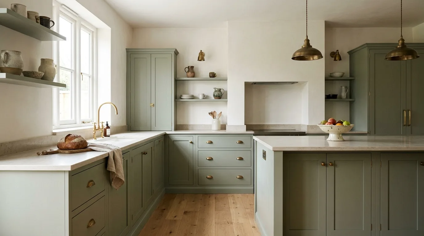 Farmhouse sage green kitchen with white apron-front sink and window