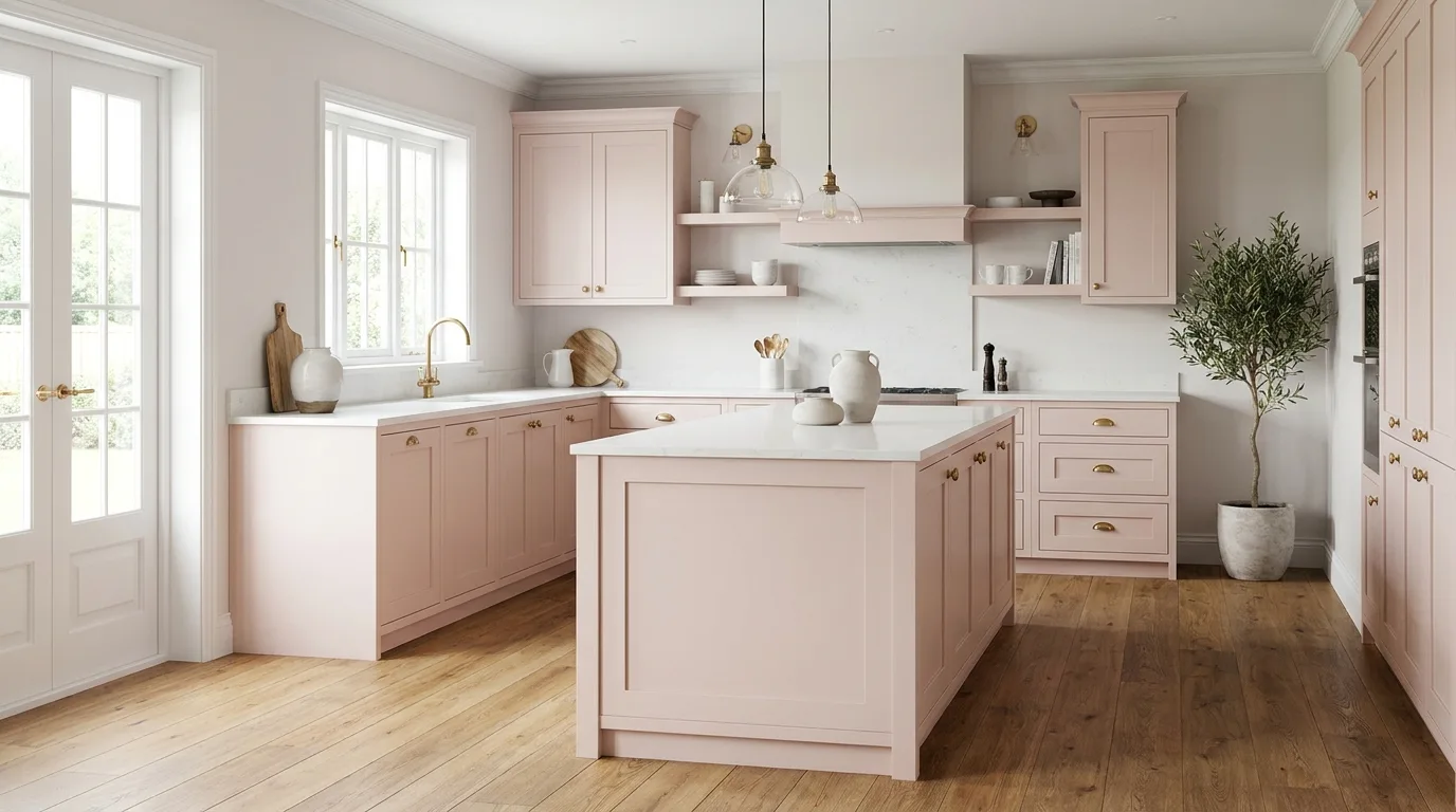 Neutral kitchen styled with subtle blush pink accents and decor
