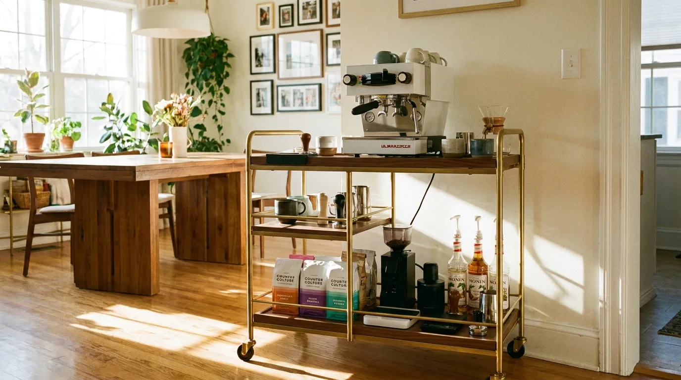 Organized pantry coffee station with espresso equipment, labeled storage, and dedicated shelves