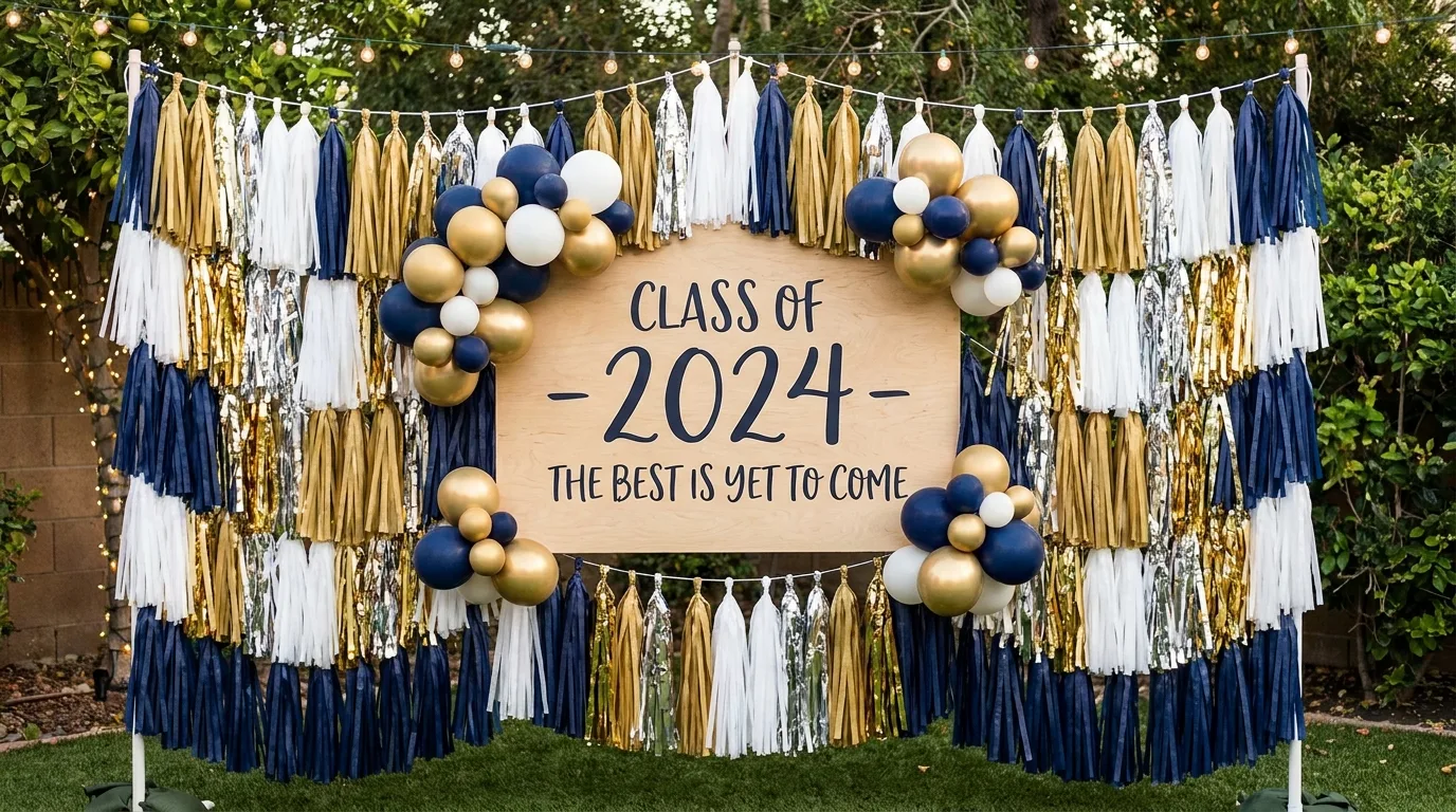 Newspaper-inspired graduation photo wall
