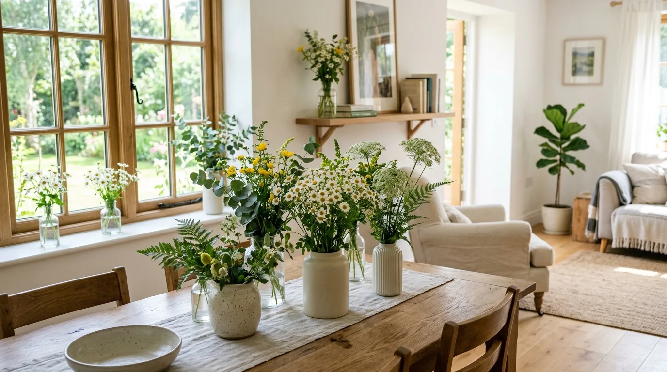 Living room featuring botanical and landscape artwork with natural frames