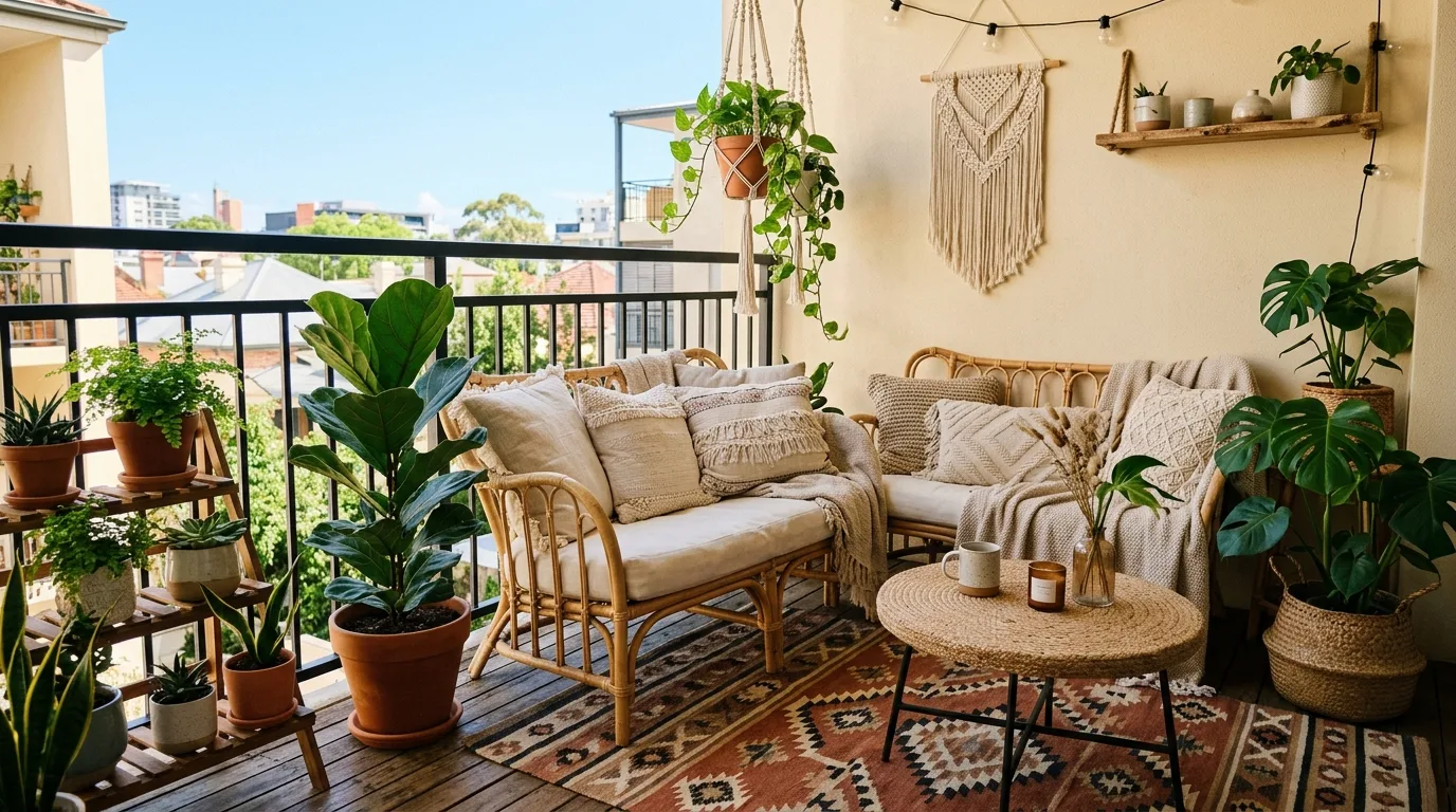 Year-round bohemian balcony with layered seasonal decor and greenery