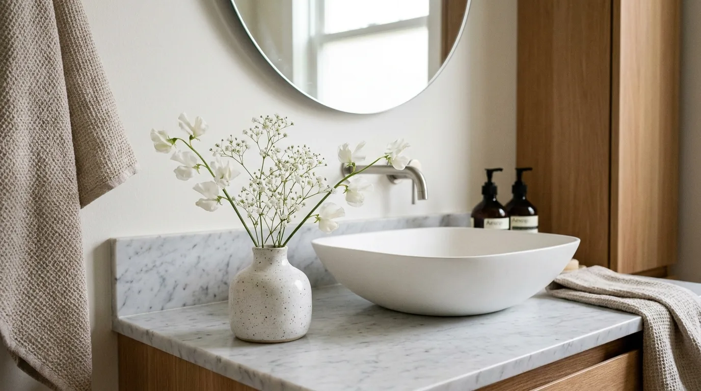 Curated perfume bottles displayed on an elegant bathroom tray