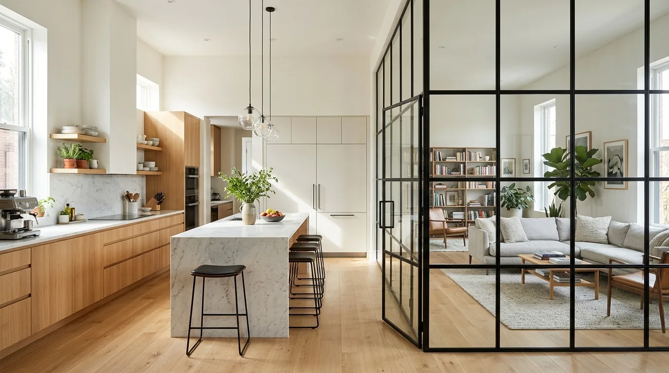 Open archway defining a stylish kitchen