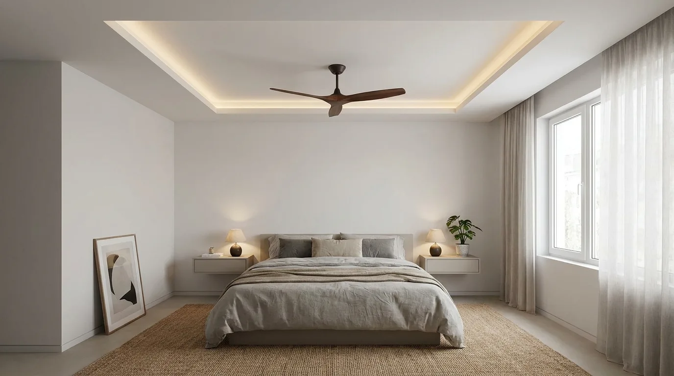 Modern bedroom with evenly spaced vertical POP wall strips