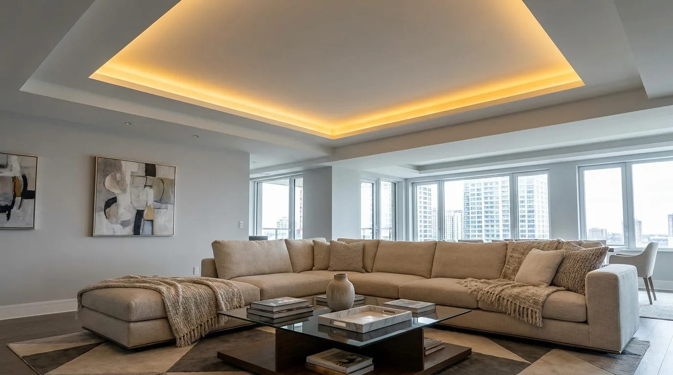 Sophisticated living room with a curved false ceiling and soft LED lighting