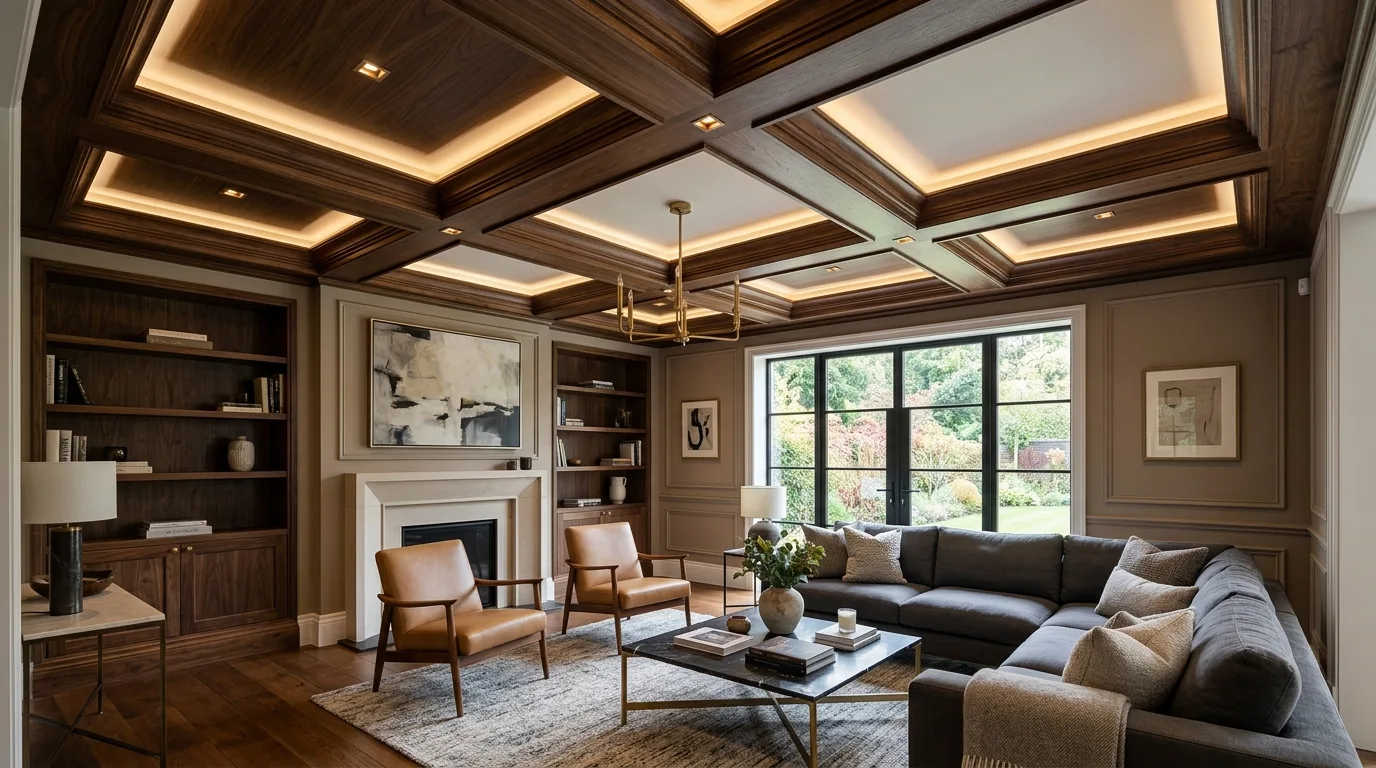 Wooden false ceiling designed around a centered ceiling fan