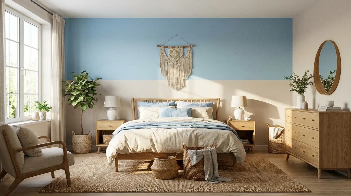 Earthy bedroom with muted blue and terracotta walls, natural wood, cream bedding, and woven textures.