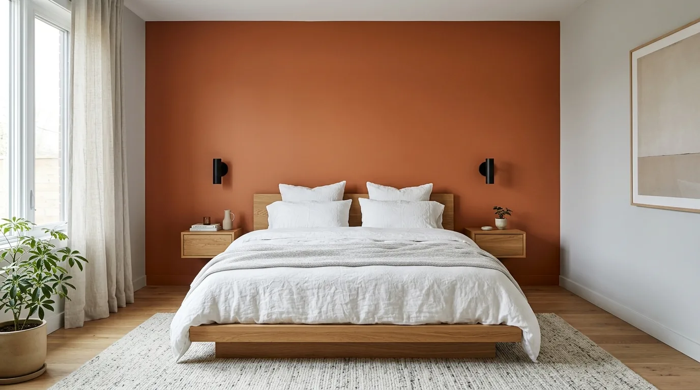 Sophisticated bedroom with burnt orange and warm greige walls