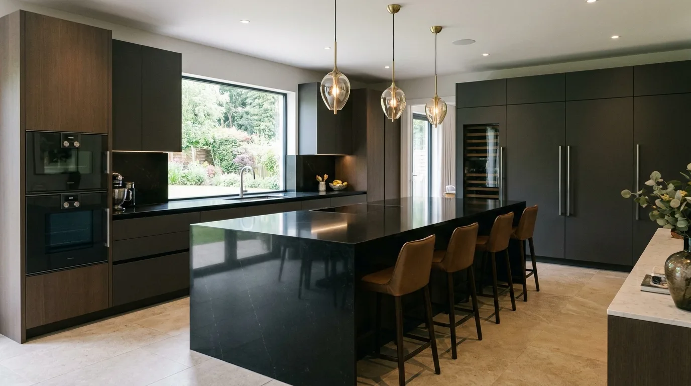 Small kitchen peninsula finished with black quartz