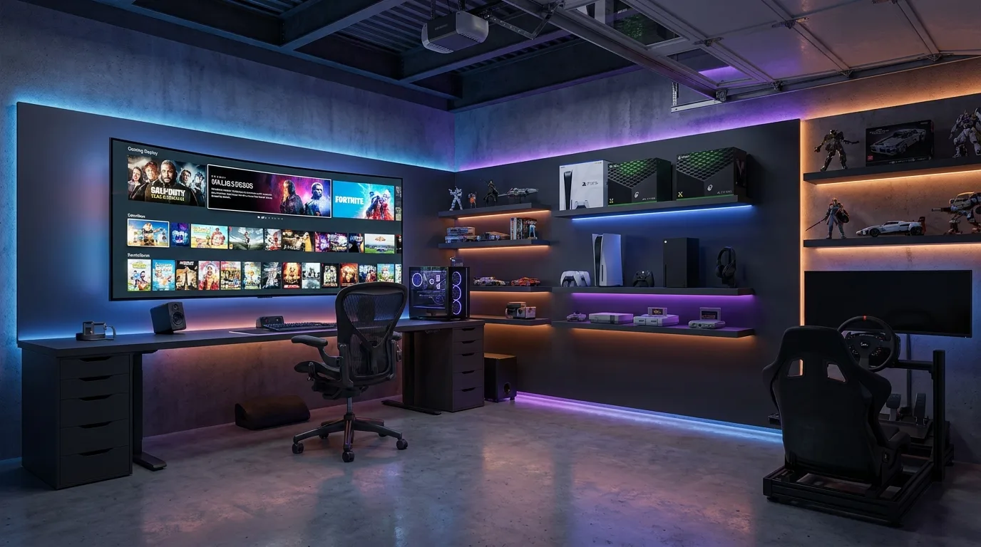 Luxury garage lounge with leather seating, wood cabinetry, textured walls, and warm lighting