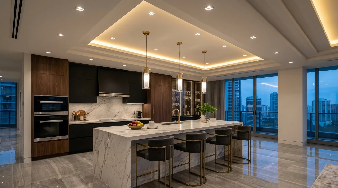 Small kitchen with a shallow false ceiling and recessed spotlights
