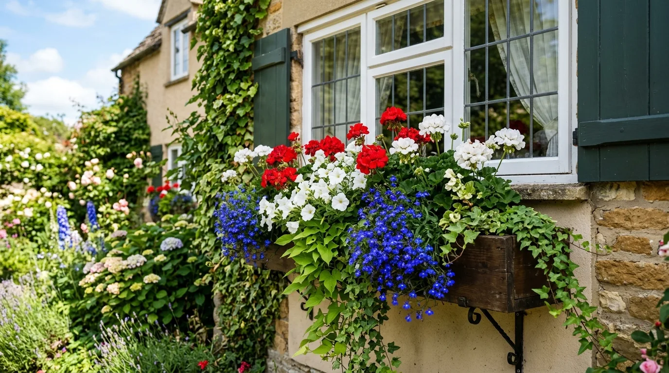 Shade-loving impatiens, coleus, and ferns in a window box