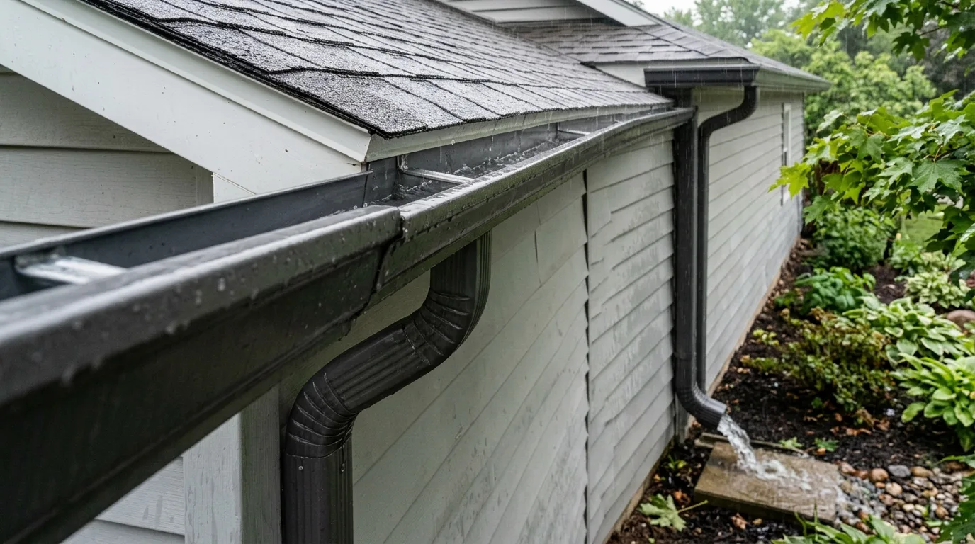 Residential roof drainage system directing rainwater safely away from the foundation.