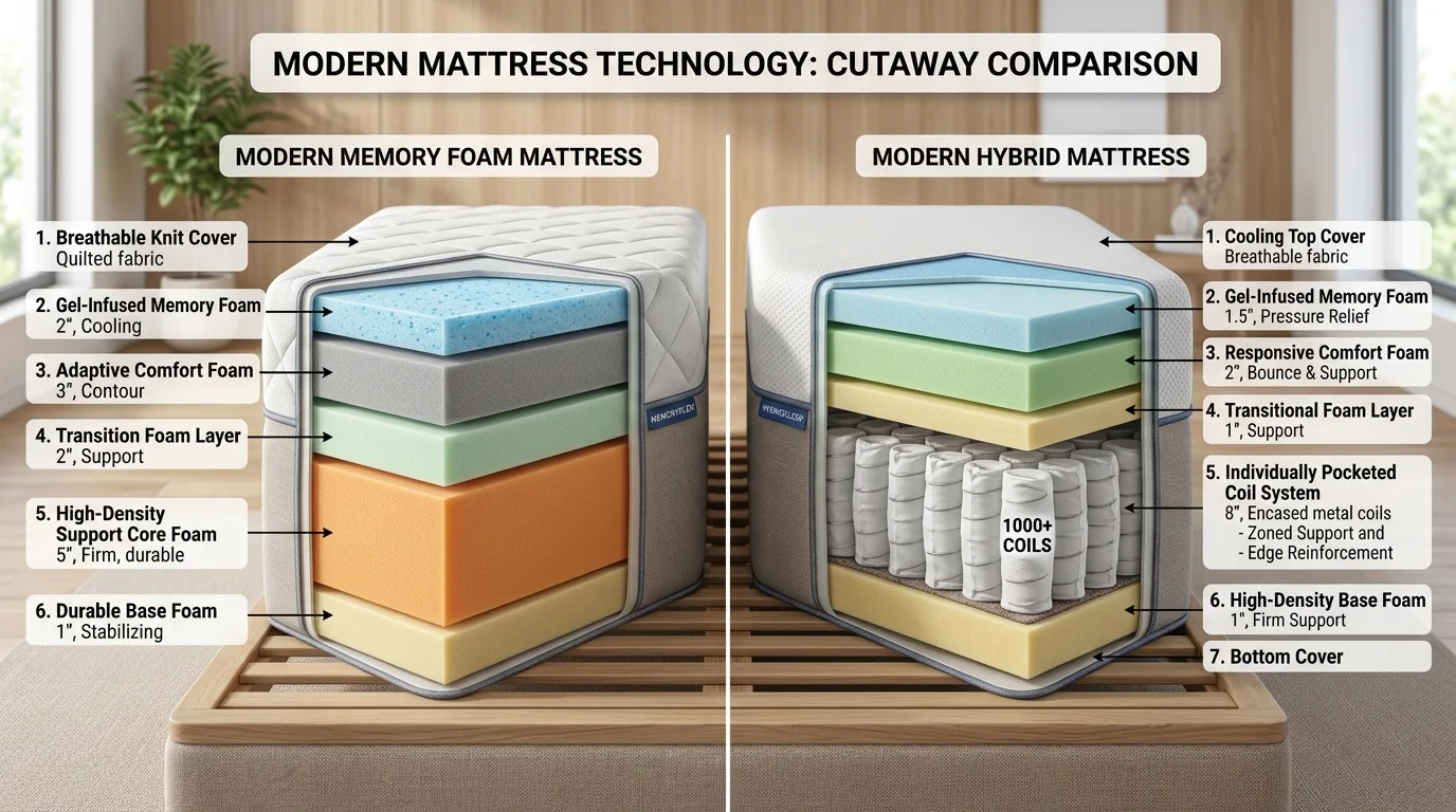Memory foam and hybrid mattresses presented as different comfort choices