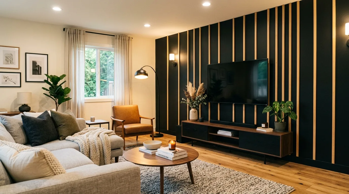 Black accent wall styled with warm natural textures