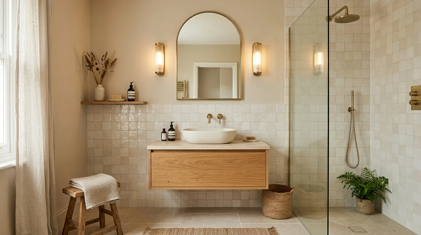 Bathroom combining creamy zellige tiles with softly painted beige walls