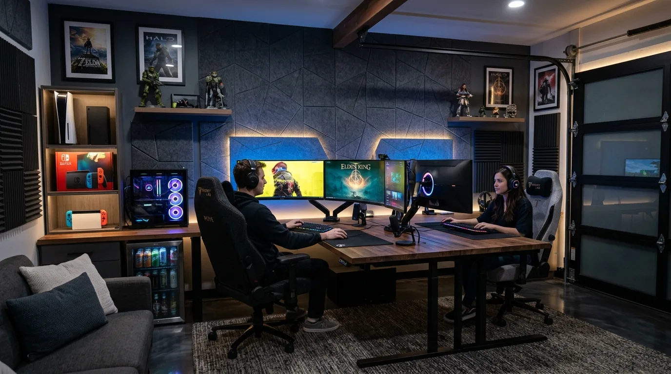 Garage game room with arcade and foosball