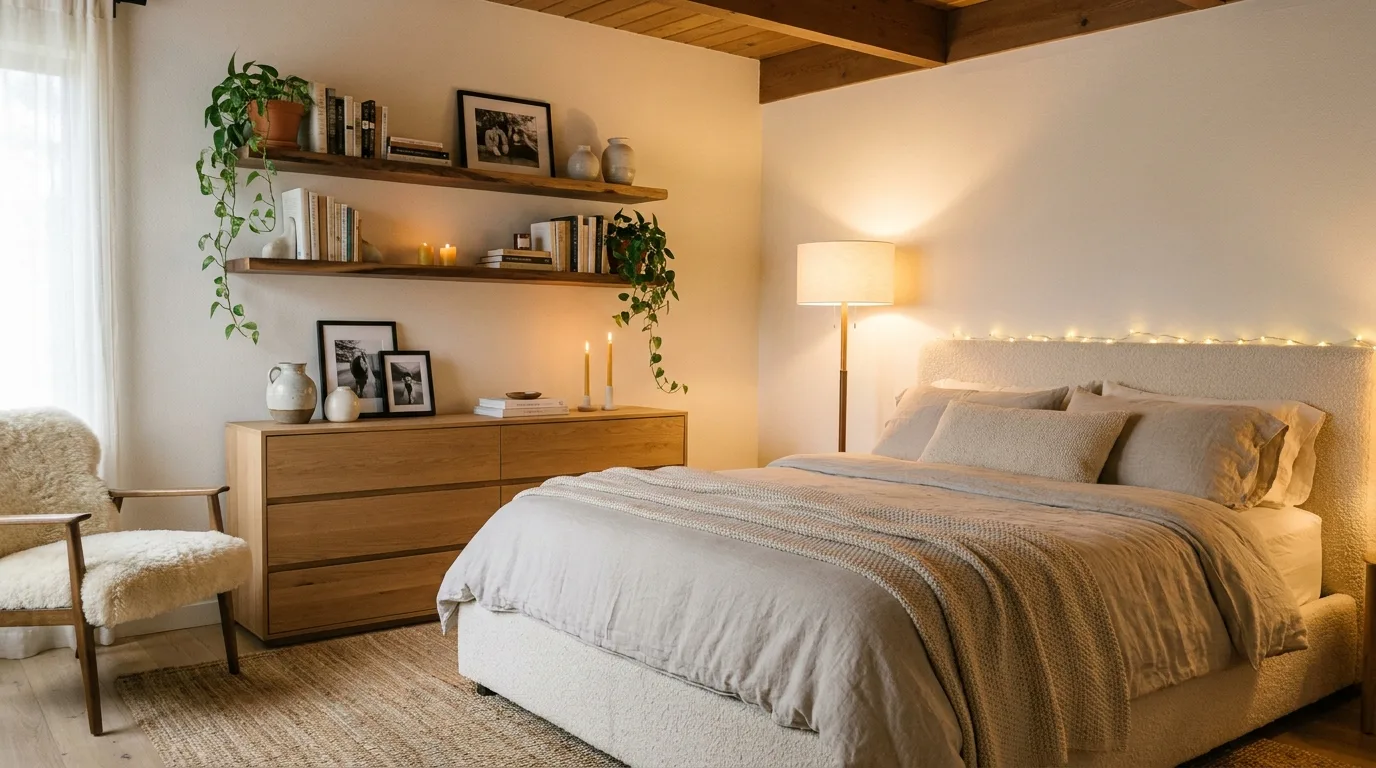 Elegant bedroom with a wide upholstered wall-mounted headboard