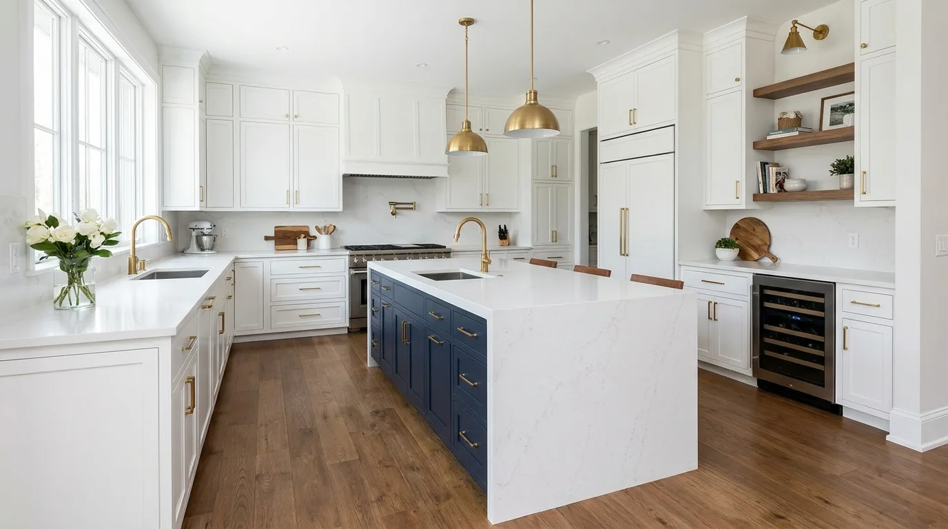 White kitchen cabinets with a deep green island