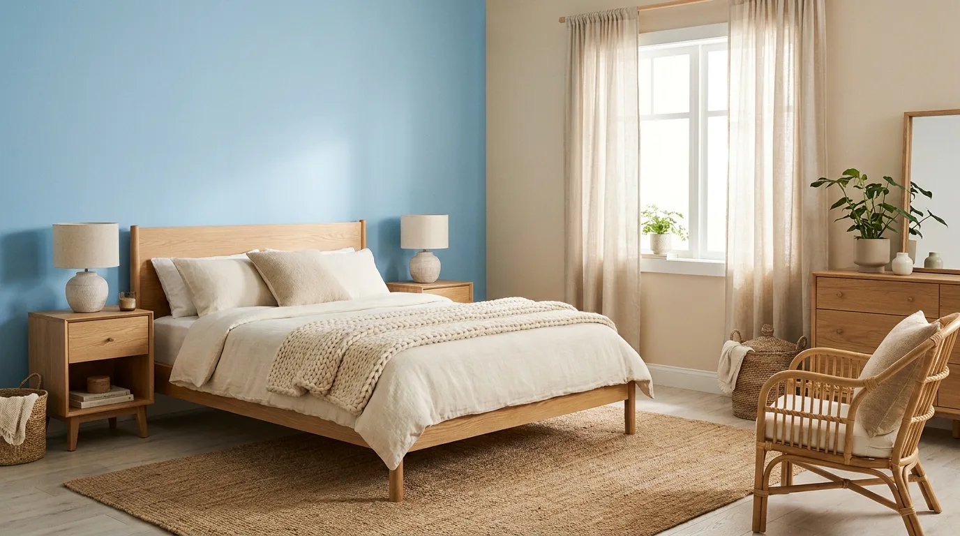 Blue-gray and off-white minimalist bedroom walls
