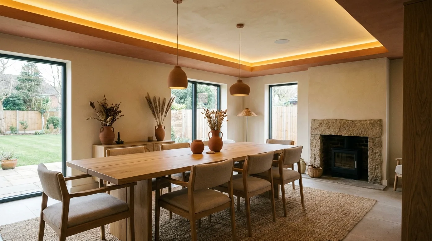 Modern dining area with wood-look linear POP ceiling details
