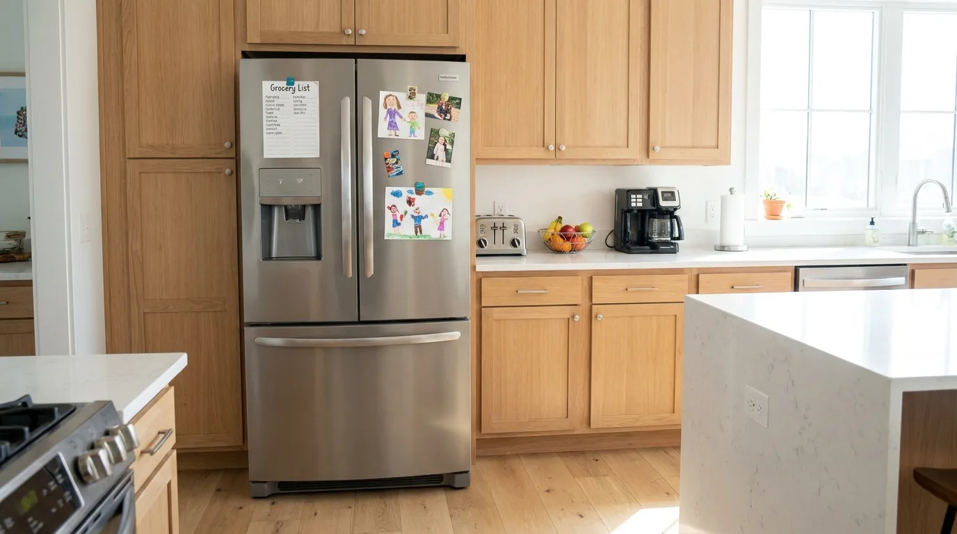 Homeowner examining refrigerator storage and layout before buying