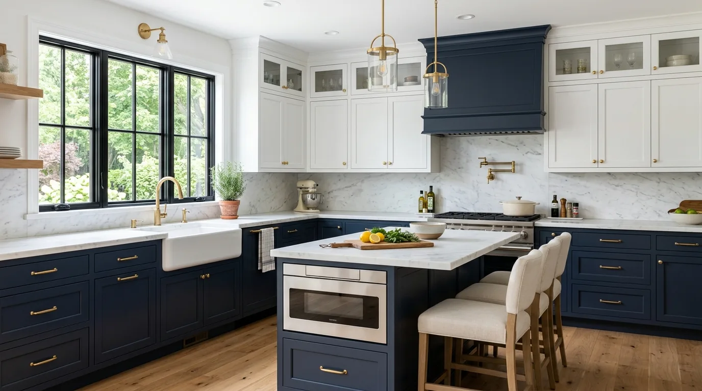 Teal and white two-color kitchen laminate cabinetry