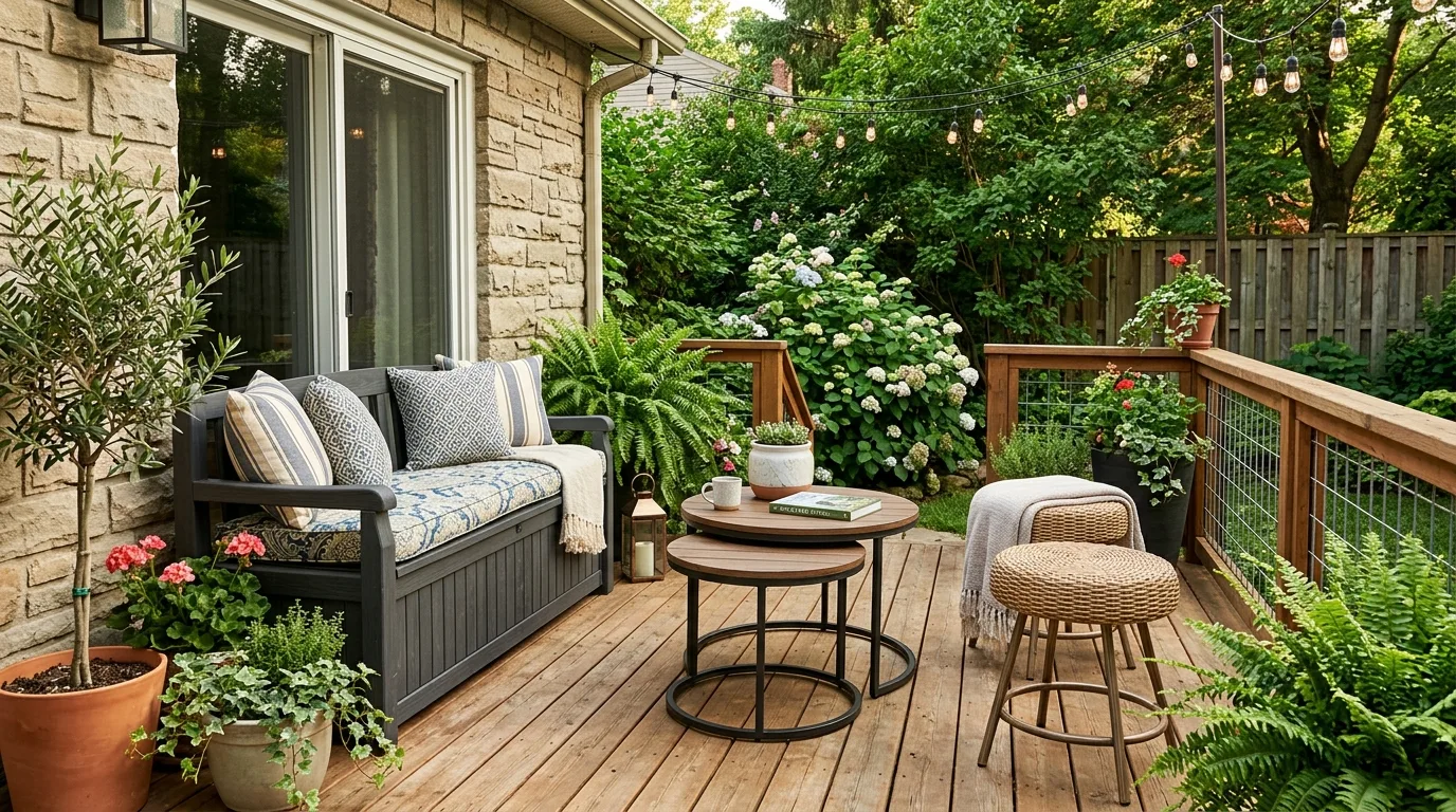 Compact outdoor bar setup on a backyard deck
