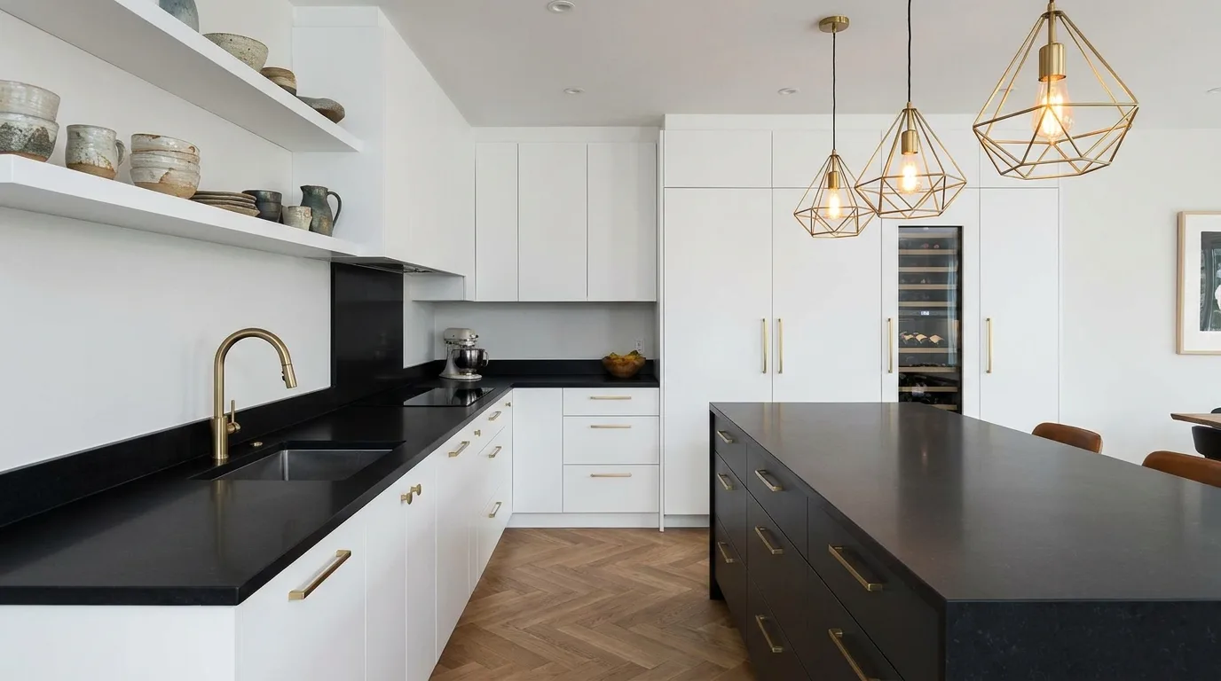Modern kitchen with matte black quartz countertops