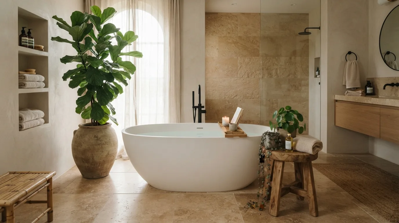 Layered greenery framing a spa-inspired freestanding bathtub