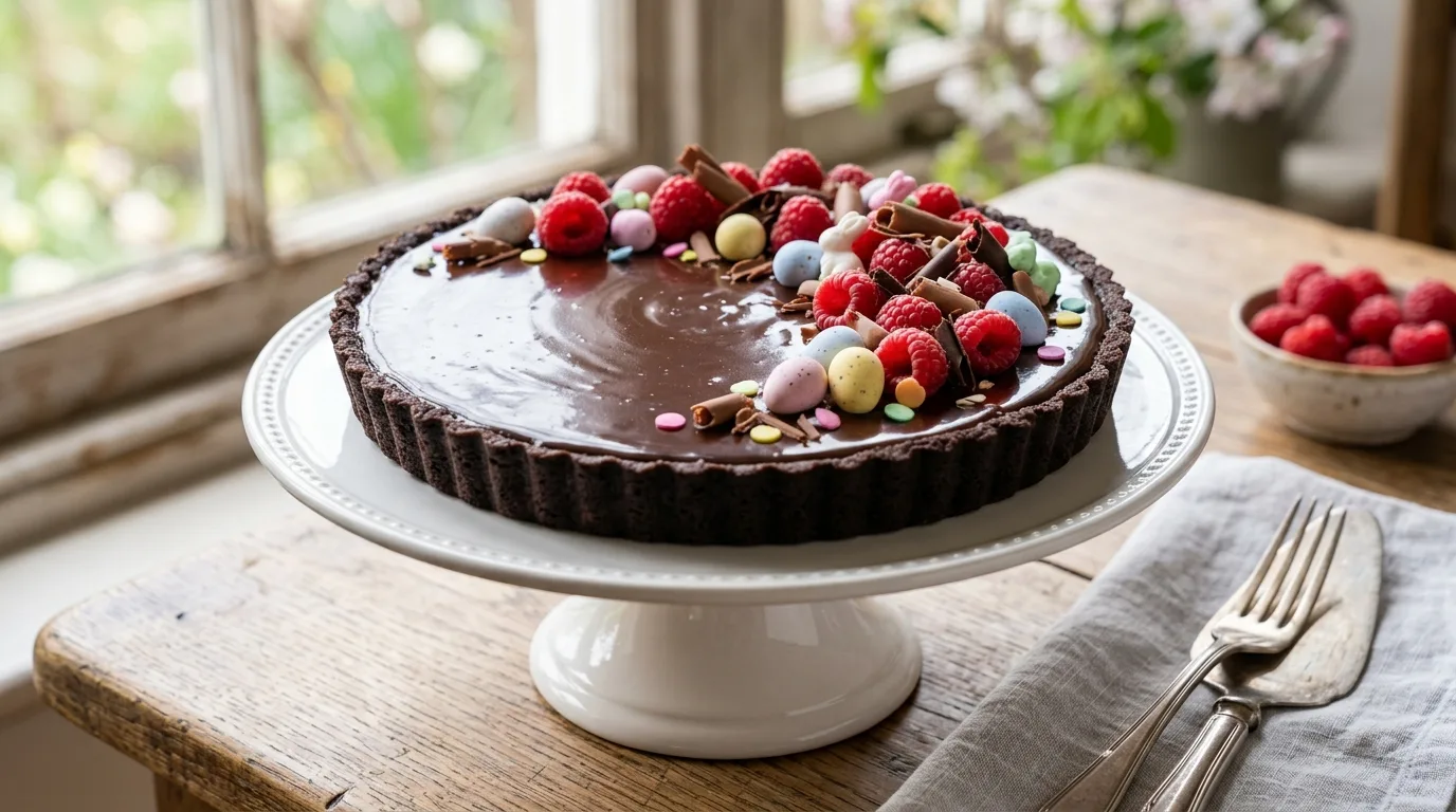 Rich chocolate Easter cake decorated with chocolate eggs and candies
