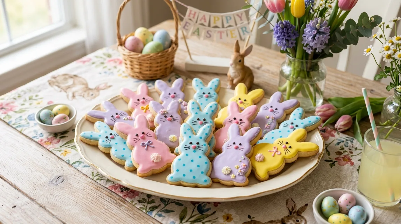 Mini Easter cookie pops decorated as bunnies, chicks, carrots, flowers, and eggs