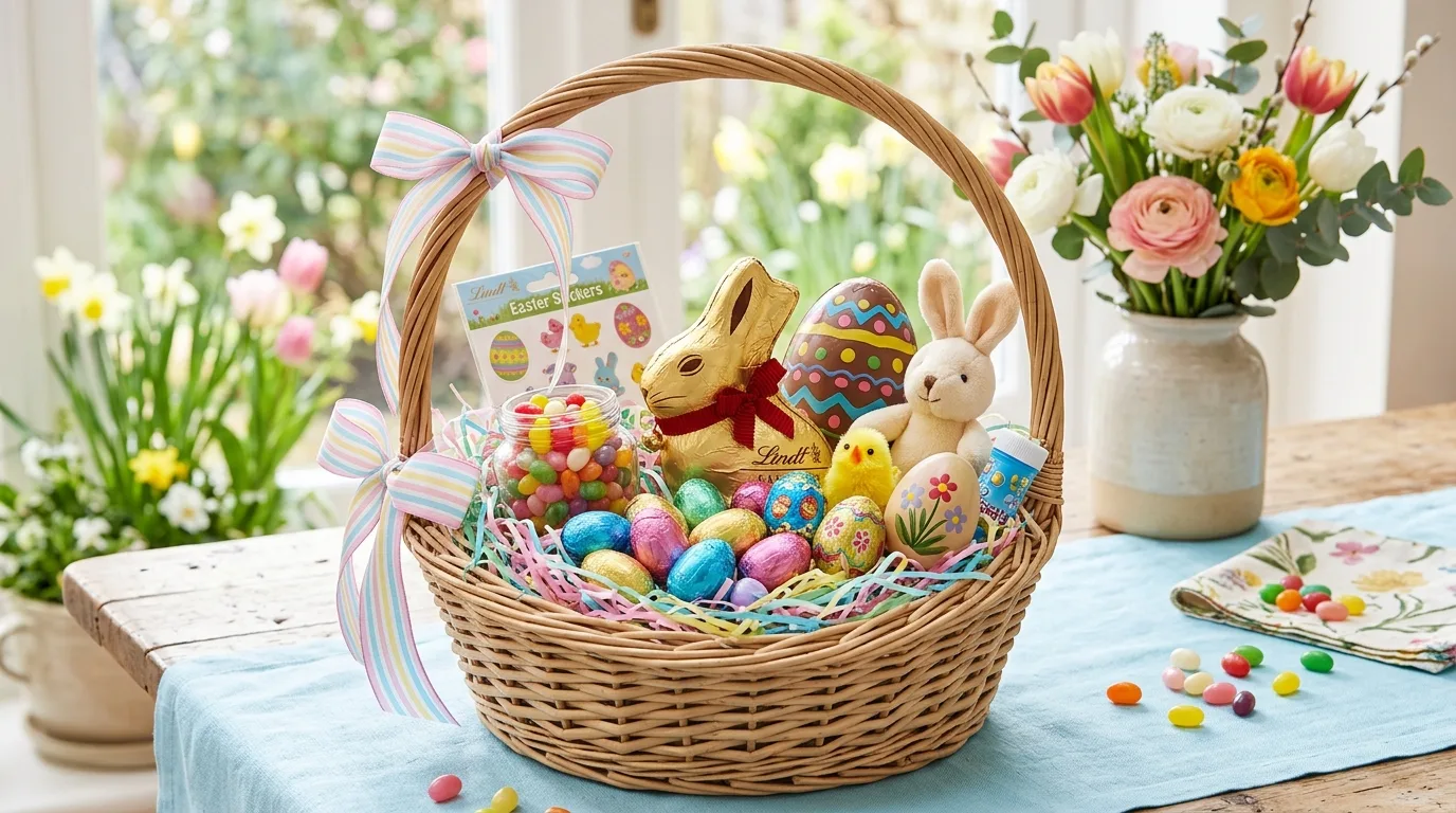 Experience-filled Easter basket with activity coupons, tickets and small gifts