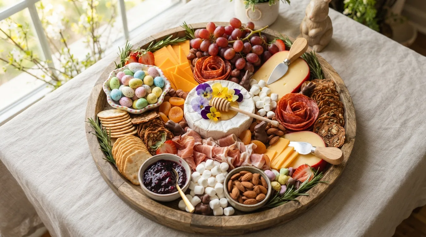 Easter egg hunt snack board with colorful bite-sized foods and treats