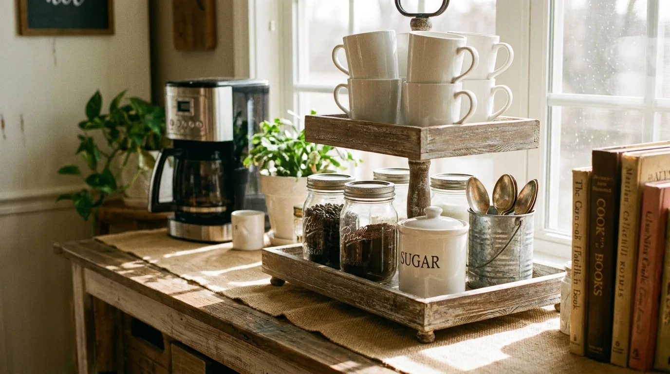 Small tiered coffee station softened with a miniature green plant and natural wood accents