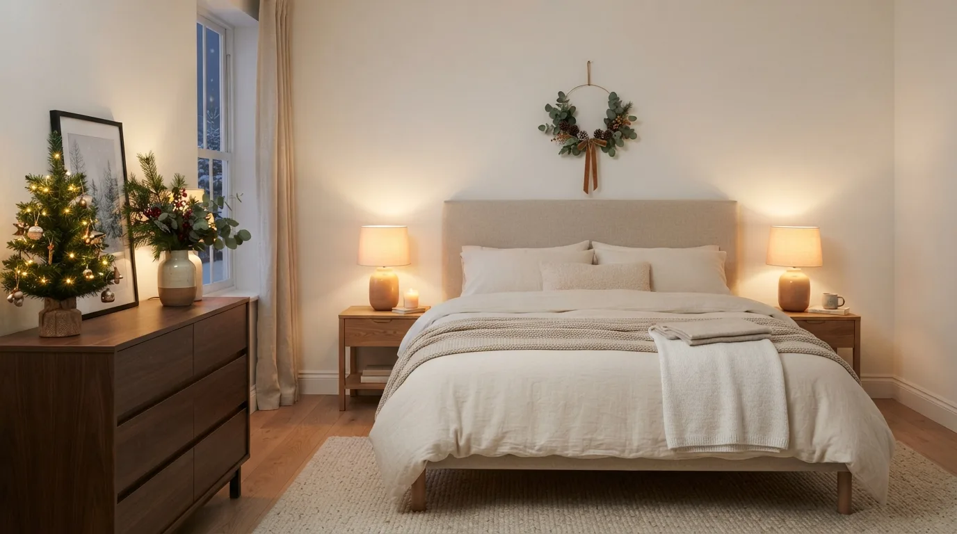 Calm modern Christmas bedroom with neutral bedding, a small wreath, mini tree, and greenery