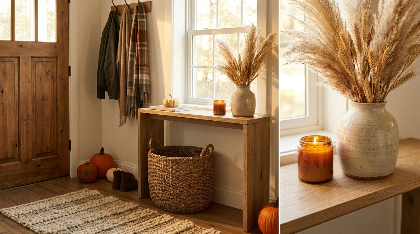 Cozy fall scent display with amber candle, cinnamon, dried oranges, and cedar