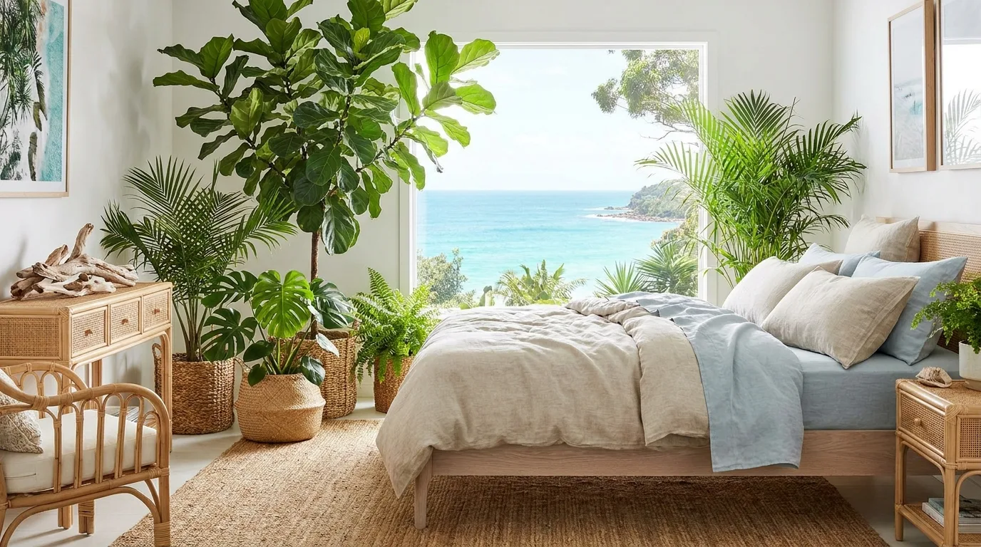 Coastal bedroom reading corner with a woven chair beside a bright window
