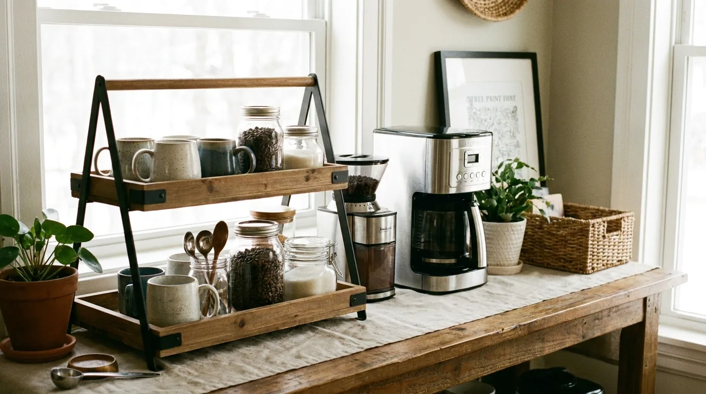 Kitchen coffee station with a statement patterned backsplash and streamlined coffee maker