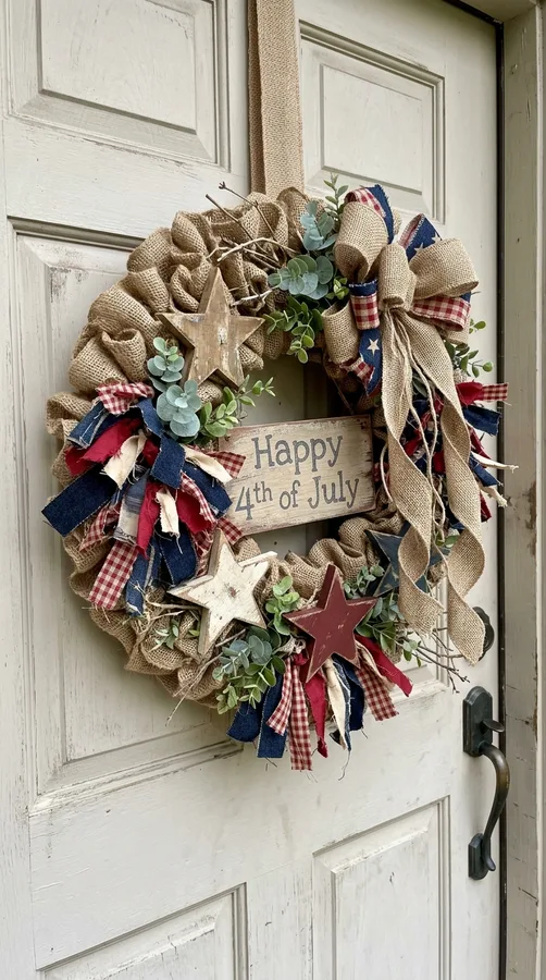 Handmade felt wreath with patriotic flowers and stars