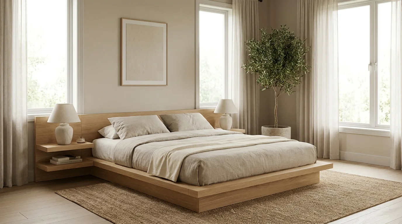 Minimalist bedroom with a single leafy plant in a simple ceramic planter