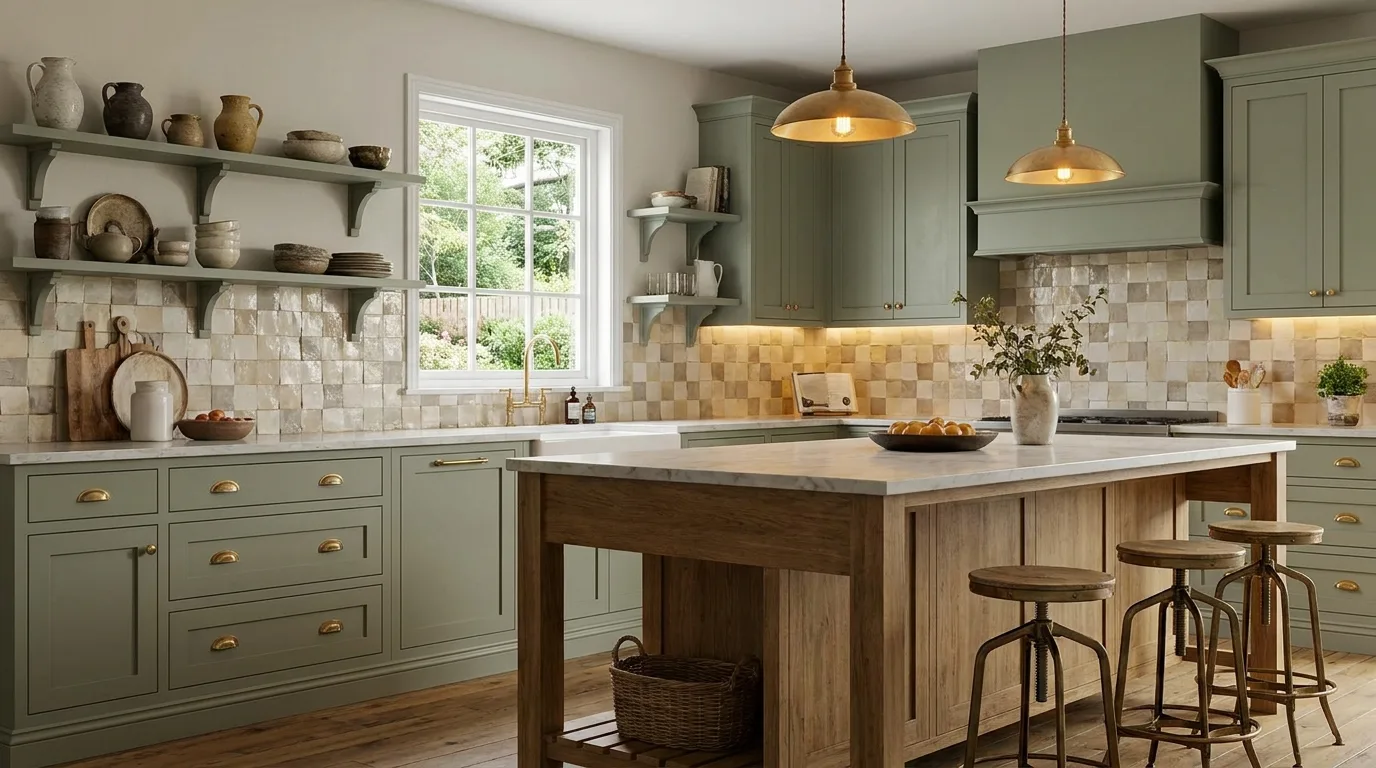 Sage green kitchen with warm terracotta flooring and earthy accents