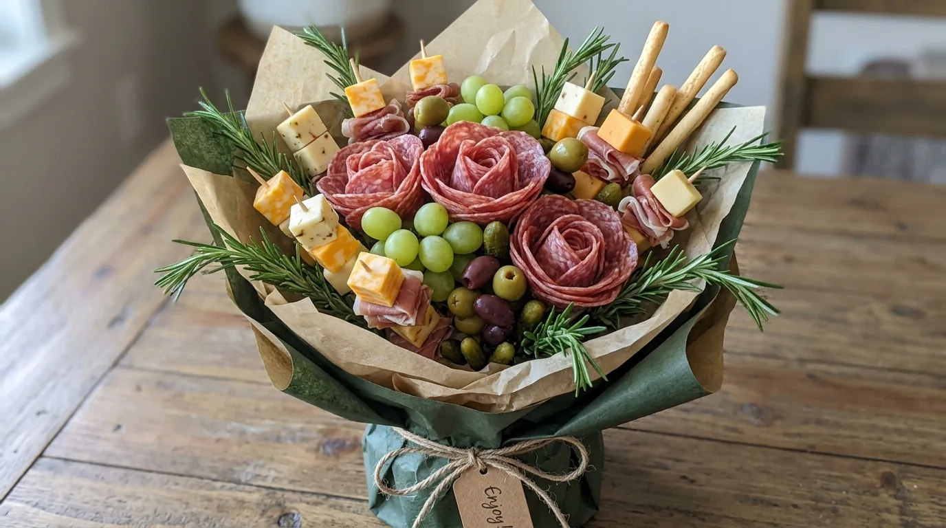 Mediterranean charcuterie bouquet with feta, olives, vegetables, prosciutto, and pita