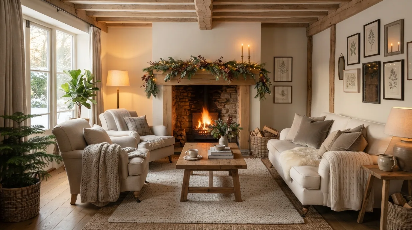 Balanced winter living room with cozy layers and uncluttered seasonal decor