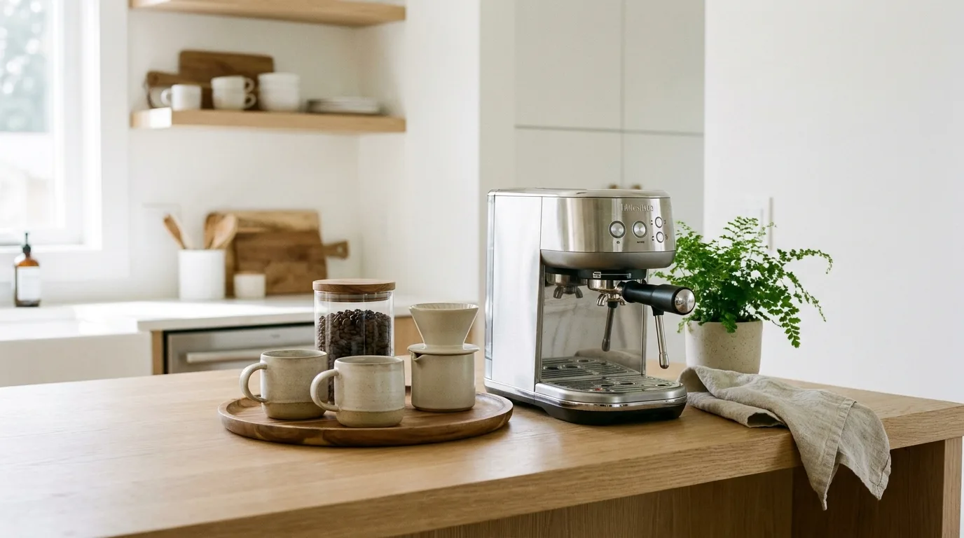Personalized café-inspired home coffee bar with mugs, labeled jars, artwork, and treats