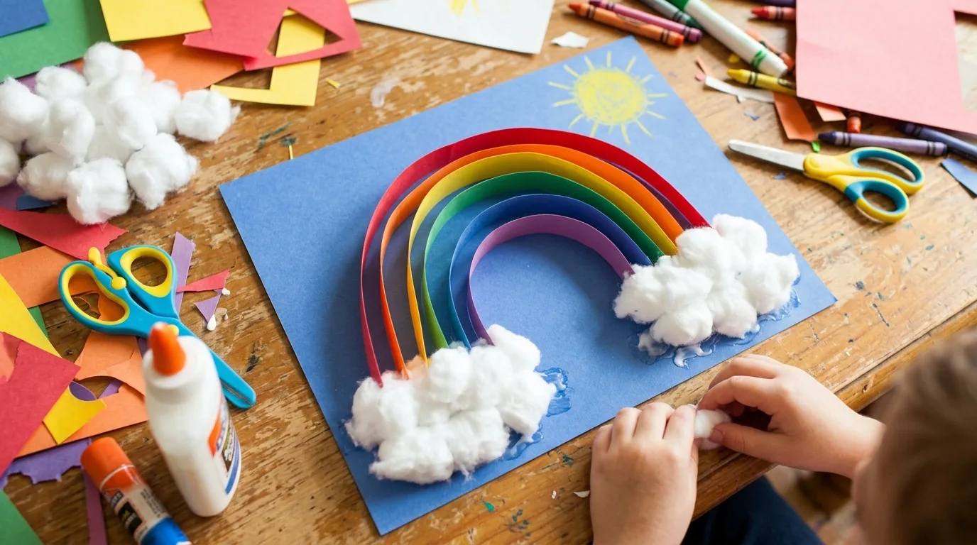 Kids' spring nature collage with leaves and petals