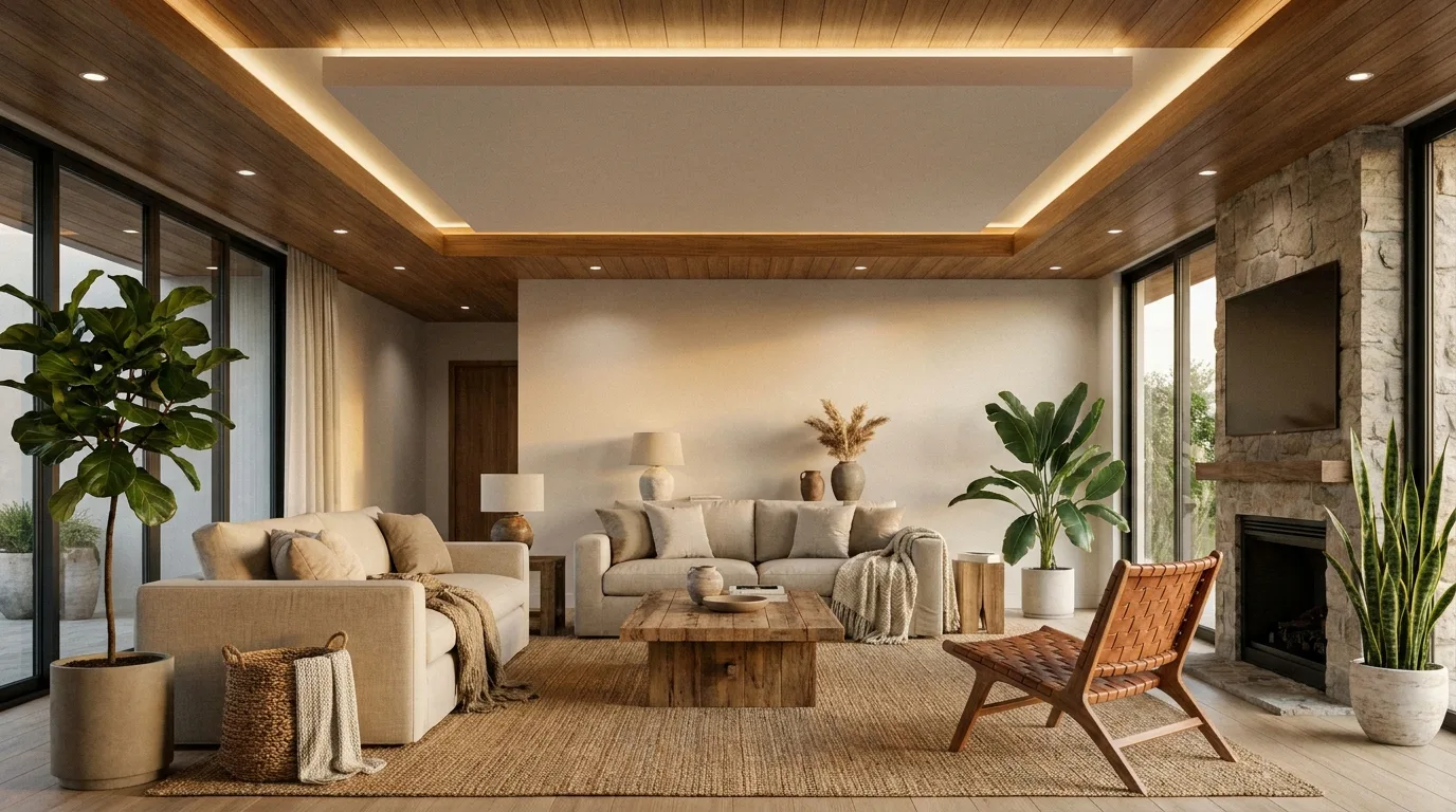 Bright living room with a simple white false ceiling and layered lighting